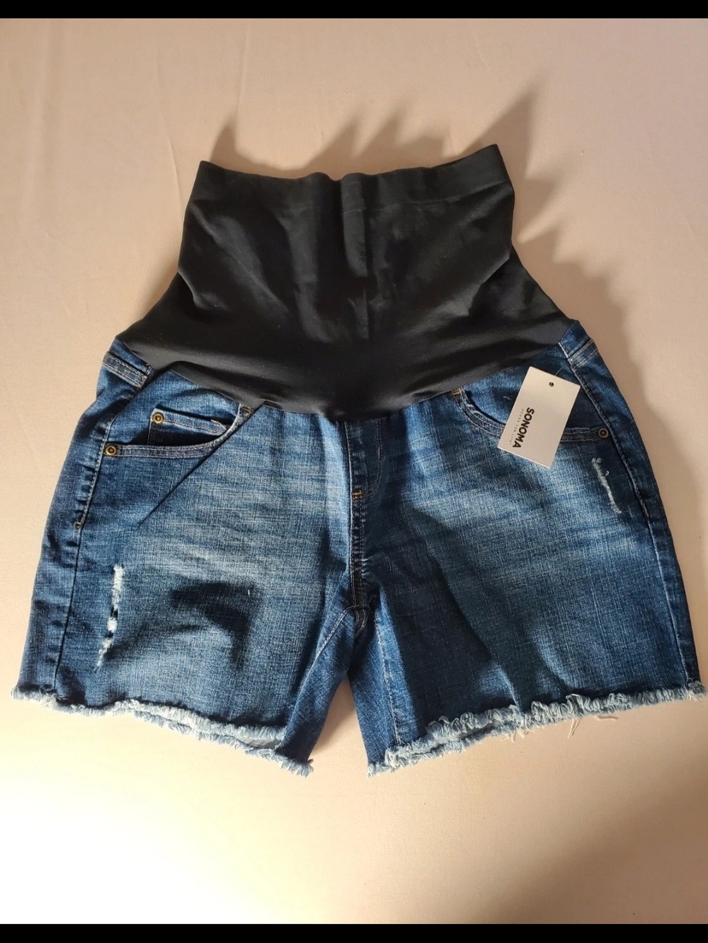 Sonoma Blue Denim Maternity Shorts with Black Support Panel
